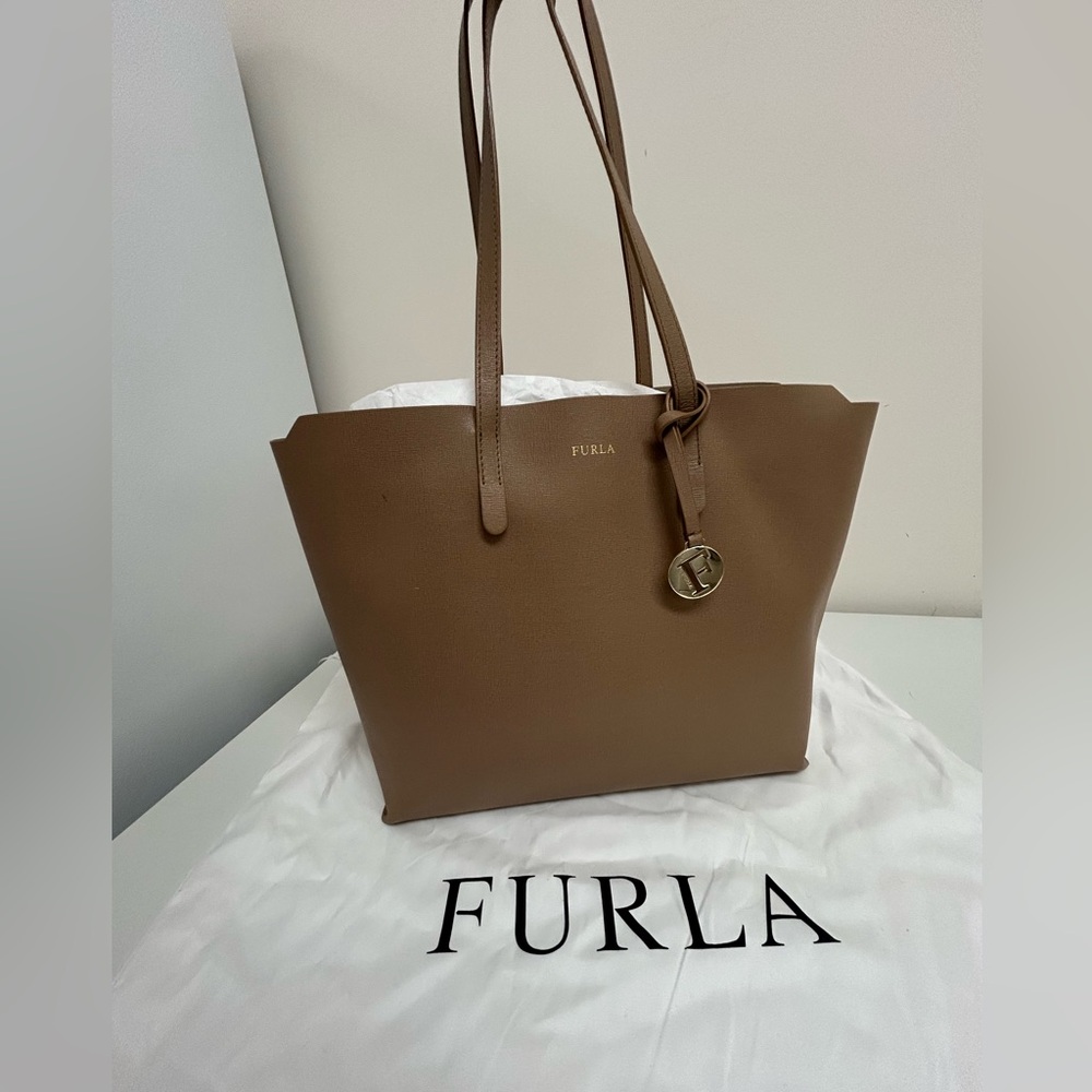 Furla Beige Leather large weekend Shopper with Gold Branding Charm